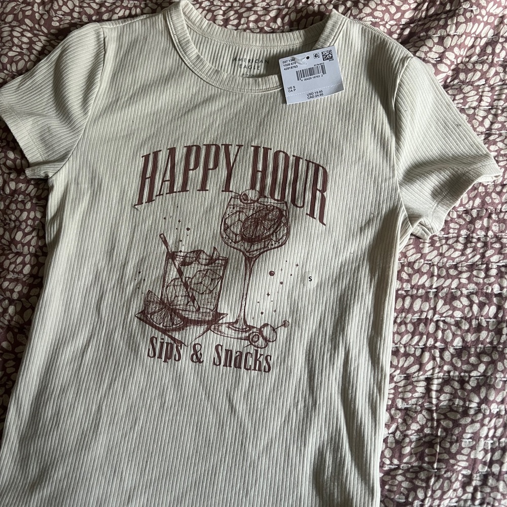 NWT American Eagle Cream Graphic Tee with Happy Hour Print